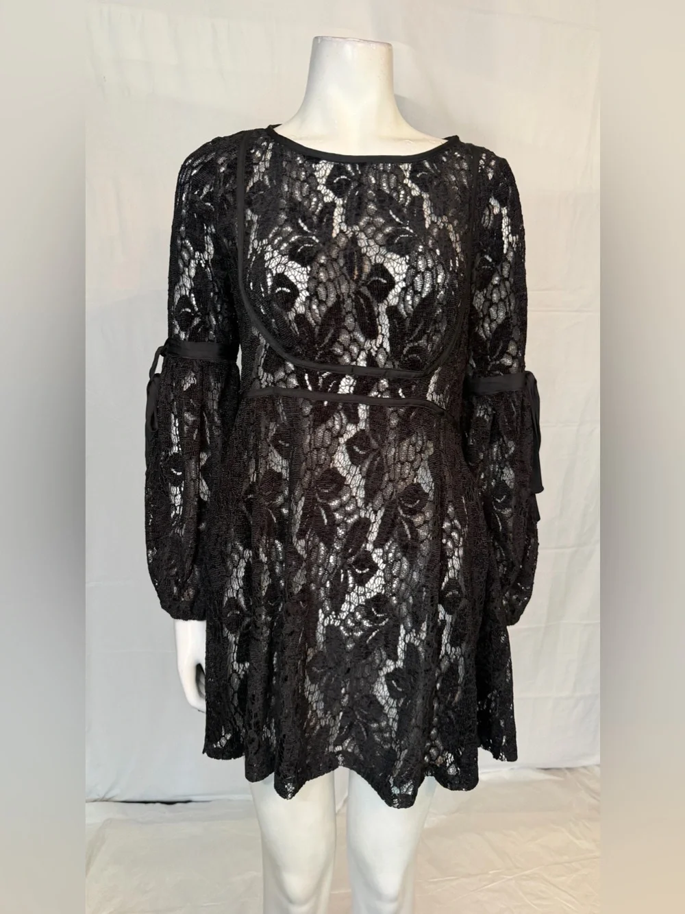 Free People Black Floral Lace Long-Sleeve Mini Dress